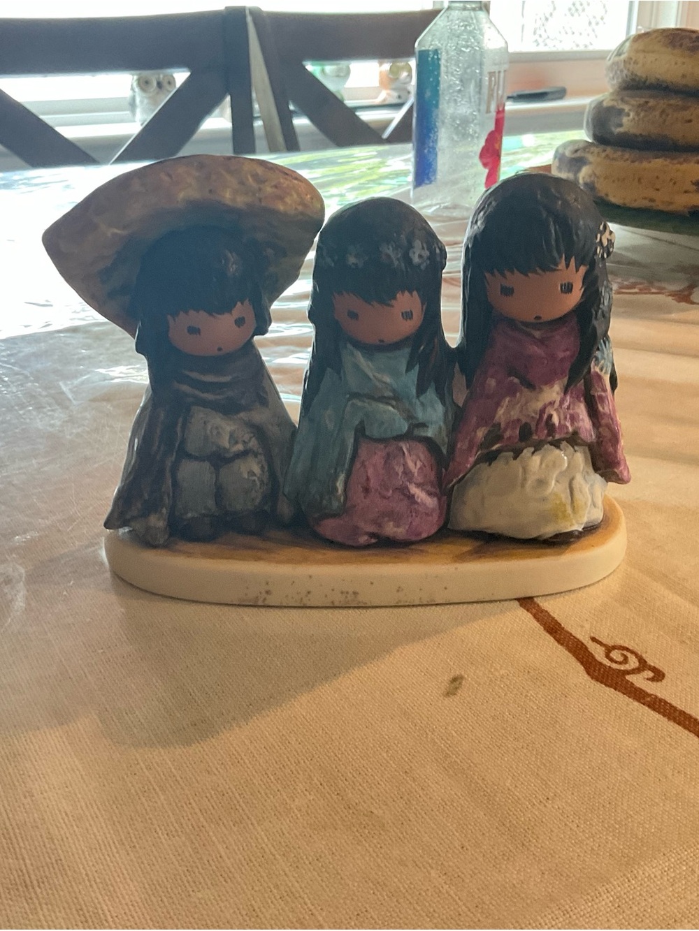 Goebel Three-Girl Ceramic Figurine in Blue, Pink and Cream